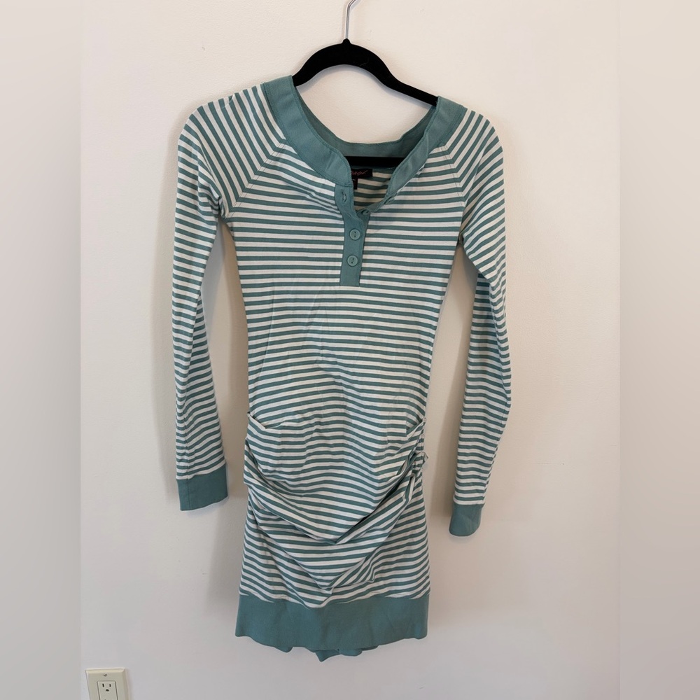 Betsey Johnson Teal and White Striped Long-Sleeve Henley Dress